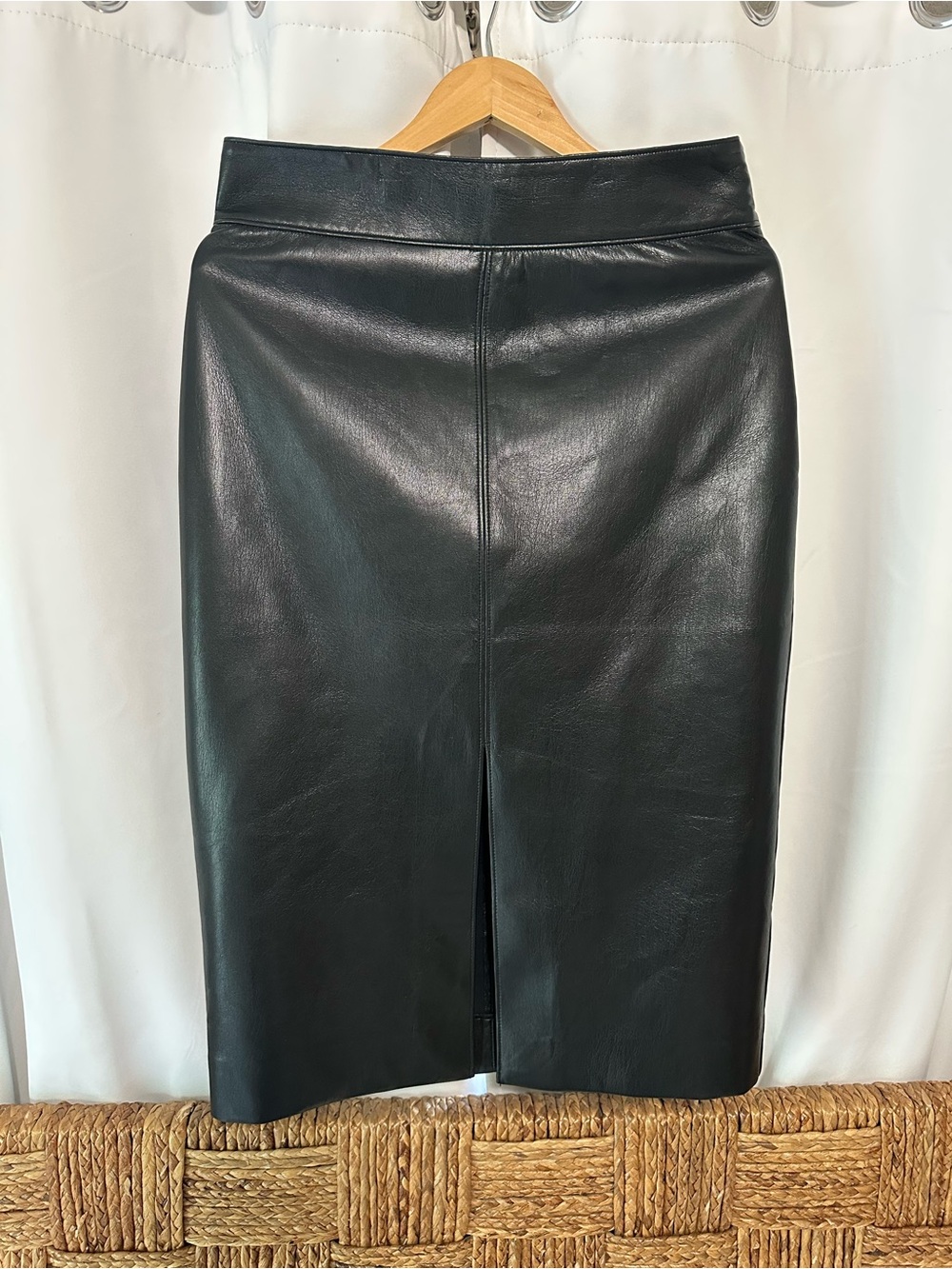 Babaton Black Leather Pencil Skirt with Front Vent